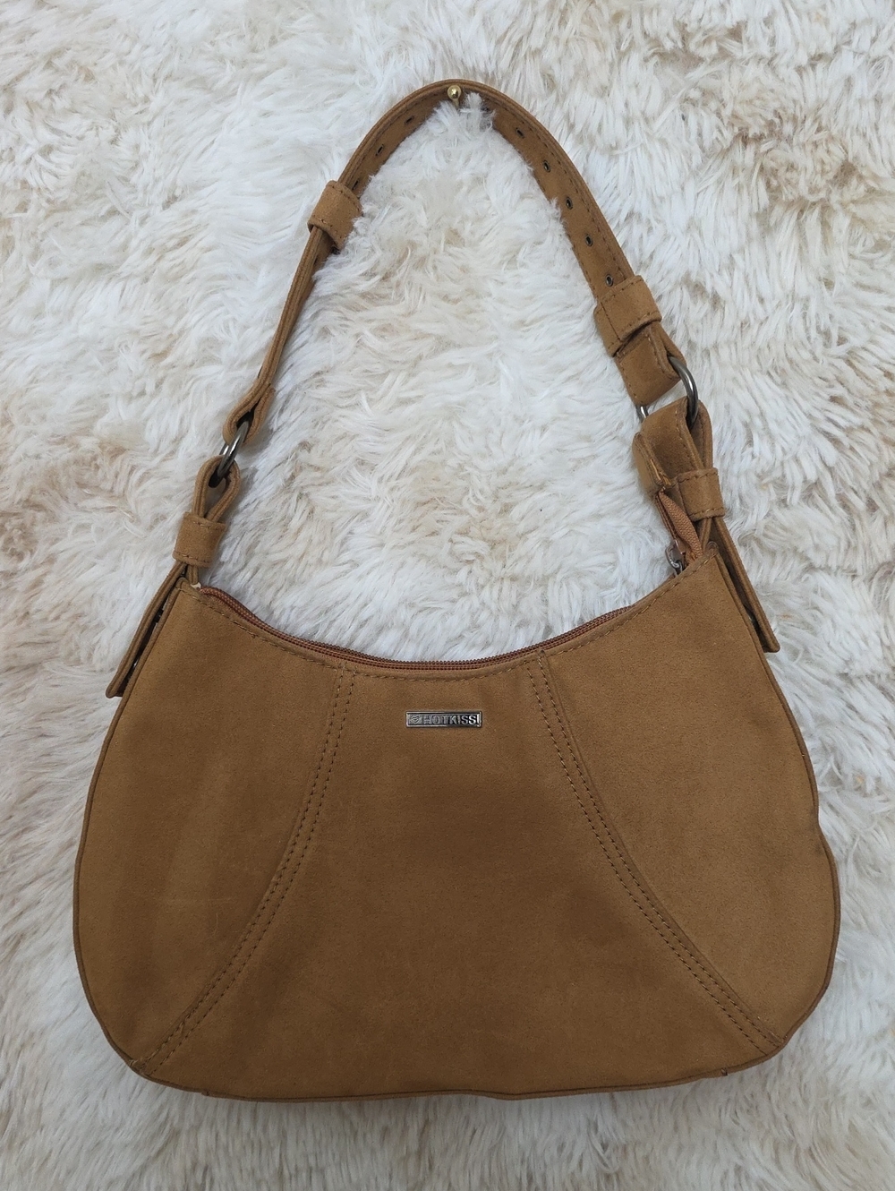Hot Kiss Brown Faux Suede Mini Shoulder Bag Y2K Adjustable Strap Purse